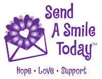 Purple heart and envelope with message 'Send A Smile Today'.