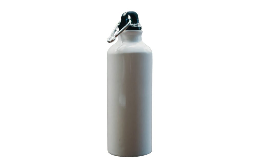 A plain silver metal water bottle with a black cap and carabiner.