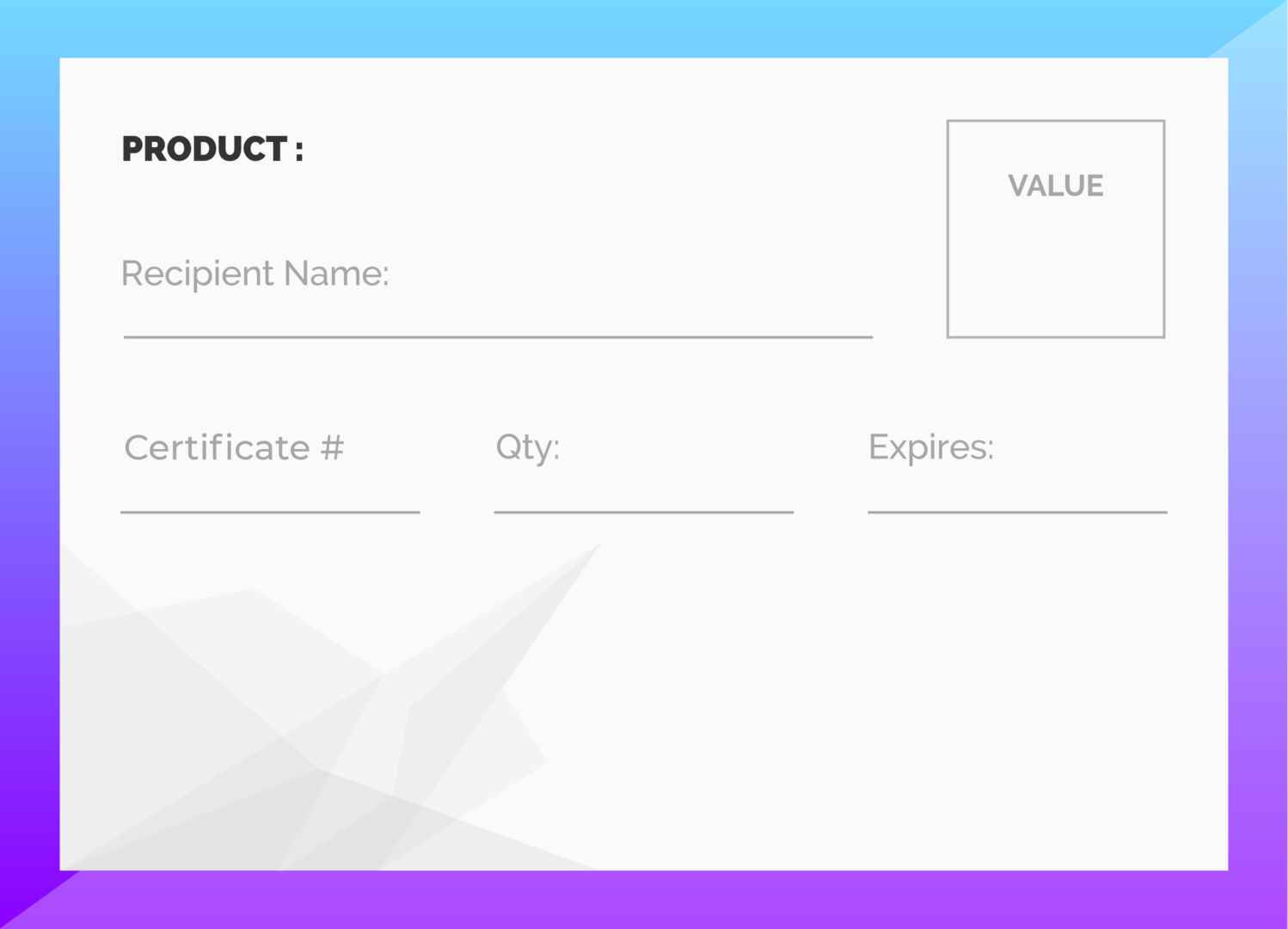 Blank certificate template with fields for recipient, certificate number, city, and expiration date.